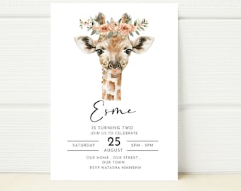 Giraffe Birthday Party Invitation, Safari Girl E-Invite (Editable Template)