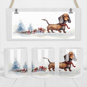 Worsthond, teckel, worstje, kerstmok wrap, feestelijk, sublimatie, commercieel gebruik, jpg-bestand, kerstambachten, sneeuwcadeau