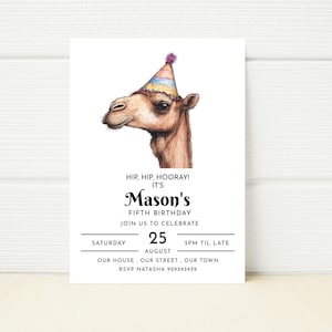 Invito per festa di compleanno di cammello, festa nello zoo, safari nel deserto, modello modificabile, telefono, digitale, e-mobile, invito, messaggio di testo, stampabile, download