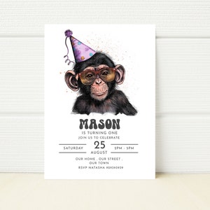 Monkey Birthday Party Invite Editable Digital Printable Birthday Cheeky Monkey Birthday Girl Boy 1st 2nd 3rd 4th 5th Zoo Wild Jungle Safari