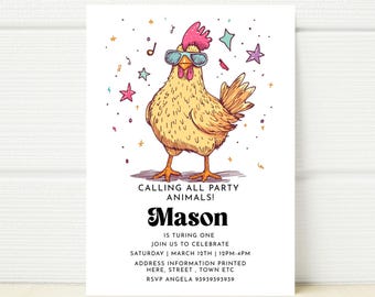 May include: A colorful party invitation featuring a cartoon chicken wearing sunglasses. The invitation is for Mason's first birthday party and includes the text "Calling all party animals!" and "Mason is turning one".