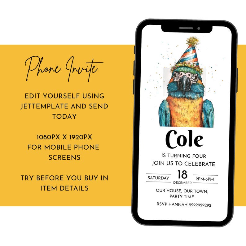 Editable Parrot Birthday Party Invitation Pirate Party Mobile Phone ...