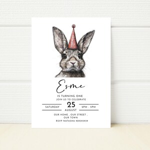 Convite para festa de aniversário de coelho editável, convite para meninos e meninas, modelo digital, editável para celular, minimalista, animais de estimação, festa de animais, festa de fazenda, coelho