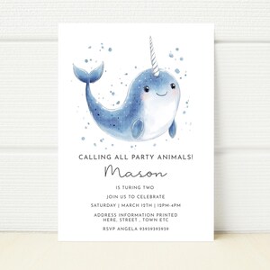 Cute Narwhal Birthday Party Editable Invitation Invite Under the Sea Party Digital Download  E Invitation Mobile Invite Sea creatures party