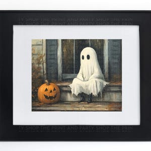 Fantasma sentado na varanda Abóbora Pintura Digital Arte de Parede Halloween Decoração de Casa Download Instantâneo Impressão Óleo Abstrato Imagem de Casa Vintage para Imprimir