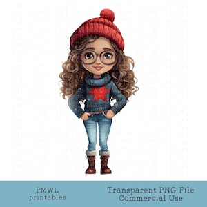 Ragazza invernale Clipart Casual Maglione Jeans Stivali Teen Sublimazione Immagine Bambola Creazione di cartoline Creazione di badge Scrapbooking Occhiali castani di Natale