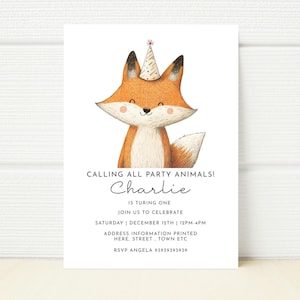 Invito alla festa di compleanno di Fox Invito modificabile Modello stampabile Wild First Birthday Forest Download digitale E Mobile ragazzo ragazza cospargere