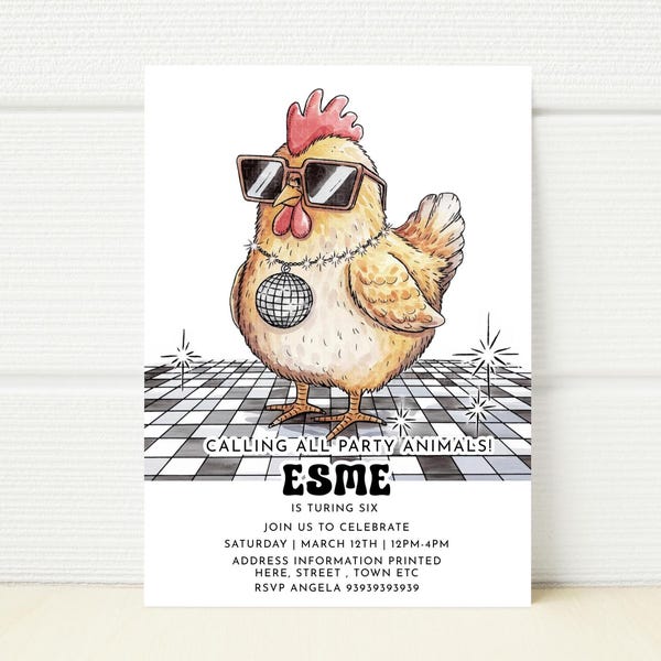Chicken Disco Birthday Invitation, Farm Party E-Invite (Digital)
