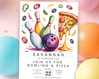 Bowling and Pizza Birthday Invitation Canva Template Printable Digital Invite