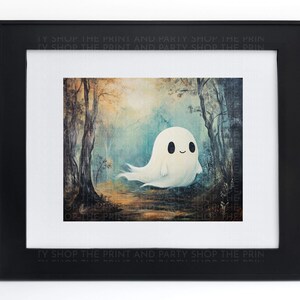 Fantasma fofo na floresta, pintura, decoração de Halloween para casa, download instantâneo, impressão, pintura a óleo abstrata, vintage, imagem de Halloween para casa, arte de parede