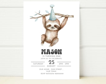 Sloth Birthday Invitation, First Birthday Party, Editable Invite (Digital Printable)