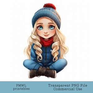 Blonde Mädchen Winter Clipart blaue Augen Casual Jumper Jeans Stiefel Teen Sublimation Image Doll Card Making Abzeichen machen Scrapbooking niedliches Bild