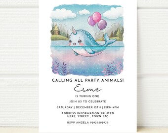 May include: A blue narwhal with a pink horn and a pink and purple balloon in its mouth. The narwhal is swimming in a blue and pink watercolor background. The text "Calling all party animals! Esme is turning one. Join us to celebrate. Saturday | December 12th | 12PM-4PM. Address information printed here, street, town etc. RSVP Angela 93939393939" is printed below the image.