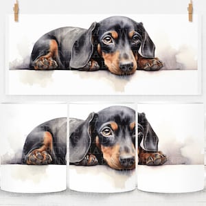 Dackel welpe 11 Unzen Becher Wrap Sublimation Design Bild Becher Wrap Wurst Hund Dackel Hund Dachs Doxie Aquarell kleine kommerzielle Nutzung