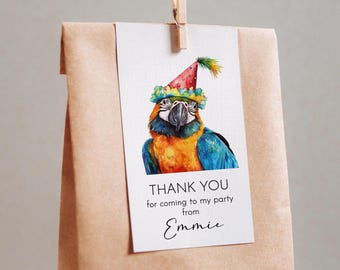 Etiqueta de agradecimiento de cumpleaños de loro, etiquetas imprimibles (archivo digital)