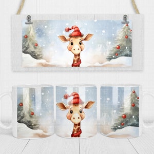 Wintergiraf in de sneeuw mok wrap ontwerp kerst mok sublimatie ontwerp instant download jpg klein commercieel bedrijf feestelijk