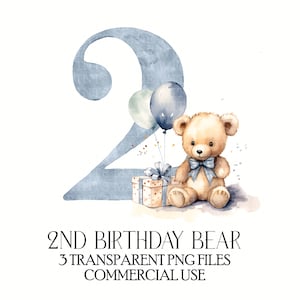 Anniversaire Teddy Bear Numéro 2 Ballons d’anniversaire 2e anniversaire Deuxième Clipart Sublimation Téléchargement instantané PNG 3 coloris anniversaire garçon fille