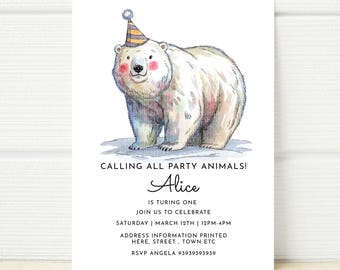 May include: A white polar bear wearing a blue and yellow party hat. The text on the invitation reads "Calling all party animals! Alice is turning one. Join us to celebrate Saturday | March 12th | 12PM-4PM. Address information printed here, street, town etc. RSVP Angela 93939393939".