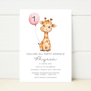 キリン 1歳の誕生日パーティー招待状 ピンク 女の子の誕生日を招待 編集可能な誕生日パーツ デジタル ミニマル シンプル 印刷可能 モバイル 2番目
