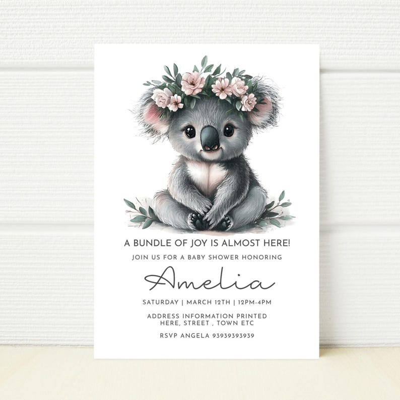 Koala Baby Shower Invitation Template, Editable Digital Invite - Etsy