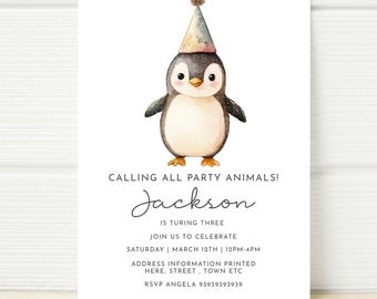 Penguin Birthday Party Invitation, Editable Woodland E-vite (Digital Download)