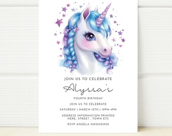 Può includere: Un unicorno viola e blu con una criniera e un corno arcobaleno, circondato da stelle, su uno sfondo bianco. Il testo "JOIN US TO CELEBRATE Alyssa's FOURTH BIRTHDAY JOIN US TO CELEBRATE SATURDAY | MARCH 12TH | 12PM-4PM ADDRESS INFORMATION PRINTED HERE, STREET, TOWN ETC RSVP ANGELA 93939393939" è stampato sotto l'unicorno.