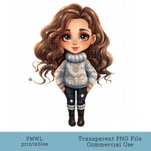 Inverno Menina Clipart Casual Jumper Jeans Botas Adolescente Sublimação Imagem Boneca Cartão Fazendo Crachá Fazendo Scrapbooking Bonito Natal morena