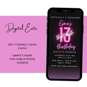Editable 13th Birthday Glow Party UV  Neon  Invitation Mobile Phone Invite E-Invitation Digital Officially a teenager Canva Template
