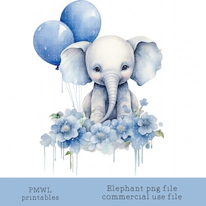 Bebê elefante aniversário clipart chá de bebê balões azuis aniversário menino imagem de sublimação bebê crescer camiseta impressão uso comercial