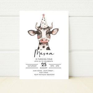 Cow Birthday Party Blue and Pink Invitation Farm Party Calf Editable Invitation Digital  E invitation Mobile Birthday Boy Girl Minimalist