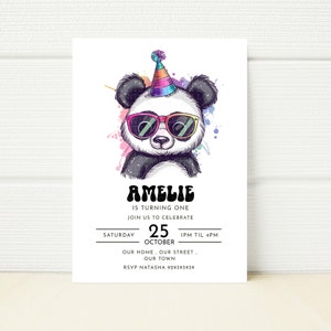 Bewerkbare Panda verjaardagsuitnodiging schattige kawaii regenboog zonnebril feestuitnodiging digitale mobiele telefoon E-uitnodiging afdrukbare sjabloon
