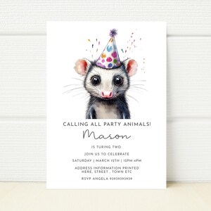 Editable Opossum Invitation Invite Printable Digital Electronic Mobile Phone Download Text Message Birthday Party Girl Boy boy girl