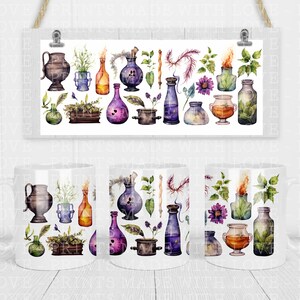 Emballage de mug sorcellerie sorts potions herbes magiques Halloween automne Mug wrap Design par sublimation téléchargement immédiat fichier JPG clipart