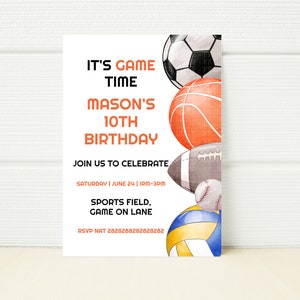 Sports Birthday Party Invitation Basketball Baseball Soccer Football Rugby Track Editable Template Download Printable