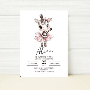 Editable Zebra Birthday Party Invitation Ballerina Dance Digital Download  E Invitation Mobile Invite Birthday Girl 2nd 3rd 4th 5th Ballet