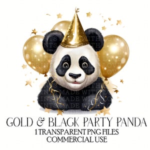 Festa Panda Dourado e Preto Véspera de Ano Novo Urso Design de Sublimação Download Instantâneo PNG Design de Camiseta Design de Cartão Festa Clipart Aquarela