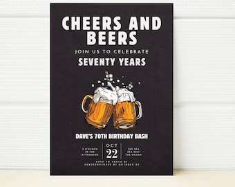 Editable male 70th Birthday Invitation Cheers and Beers 70 Years Seventieth Birthday Party Invitation Digital Invite Printable Party Canva