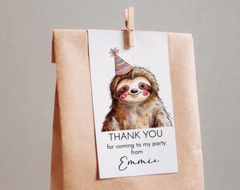 Faultier Geburtstag Favor Tag, bearbeitbares Woodland Danke (digital druckbar)