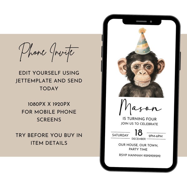 Editable Monkey Birthday Party Invitation Mobile Phone Digital Picture Message Jungle Safari Party Electronic 1st 2nd 3rd 4th 5th