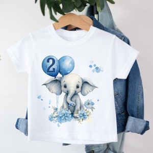 Motif sublimation éléphant 2e anniversaire, T-shirt, fabrication de cartes, éléphant bleu, floral, bébé garçon, bébé fille bleu bébé deuxième deuxième aujourd'hui