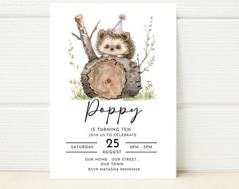 Invitación de cumpleaños de erizo, temática de bosque (editable, digital)