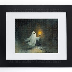 Fantasma vintage com vela, pintura assustadora de Halloween, decoração para casa, download instantâneo, impressão abstrata a óleo, imagem fofa de Halloween, arte de parede