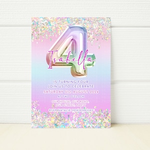 Invitación editable de la fiesta de cumpleaños número 4 Plantilla imprimible Invitación digital Rainbow Glitter 4 Hoy Invitación personalizada Rainbow Forth four
