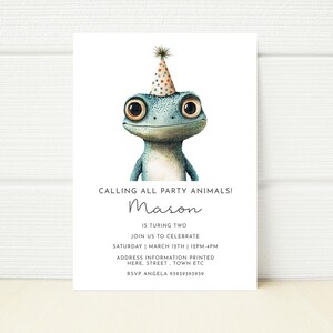 May include: A birthday party invitation featuring a cartoon illustration of a blue and green gecko wearing a party hat. The text reads "Calling all party animals! Mason is turning two. Join us to celebrate Saturday | March 12th | 12PM-4PM. Address information printed here, street, town etc. RSVP Angela 93939393939."