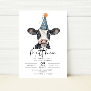 Farm Birthday Party Blue and Pink Invitation Cow Party Calf Editable Invitation Digital  E invitation Mobile Birthday Floral Minimalist