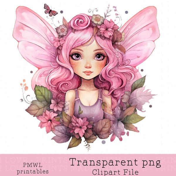 Pink Fairy Clipart Floral Fantasy Watercolour Clipart Card making Sublimation Mug Making Scrapbooking Magical Small Commercial Use png file