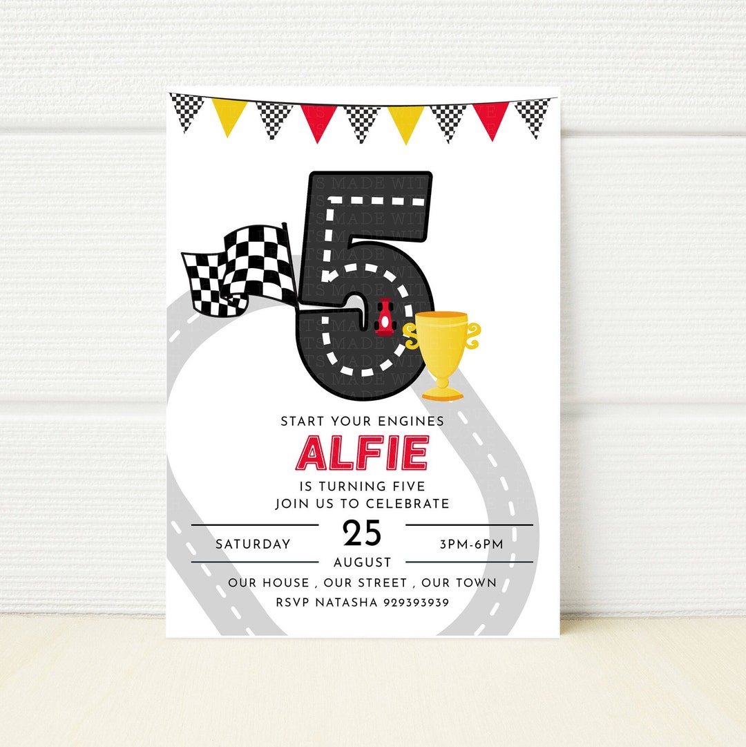 Race Car 5th Birthday Invitation, Printable Boys/girls Party (digital ...