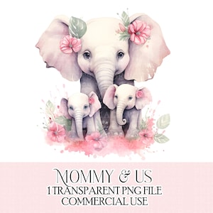 Fête des mères Clipart éléphants mère et filles maman 2 filles aquarelle momie Sublimation Design fabrication de cartes Téléchargement instantané