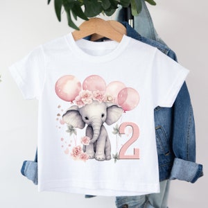 Sublimatieontwerp olifant verjaardag 2 vandaag 1e, T-shirt, kaarten maken, blauwe olifant, babymeisje met bloemen, roze, schattig, rozen tweede