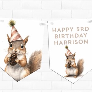 May include: A banner with a watercolor illustration of a squirrel wearing a party hat and holding a pinecone. The second banner reads "HAPPY 3RD BIRTHDAY HARRISON" in brown text. The banners are white and are hanging against a white brick wall.